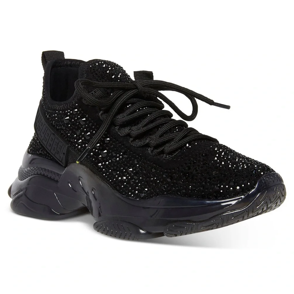 Black Steve Madden Maxima Rhinestone trim trainer- women’s sneakers size 7.5 - Picture 1 of 5